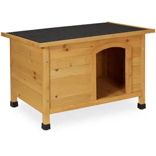 Relaxdays Hundehütte, HxBxT: 58 x 86 x 58 cm, wetterfestes Hundehaus, Holz, Dachpappe, Hundevilla Outdoor, Natur/schwarz