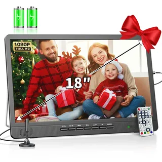 DESOBRY 18-Zoll tragbarer Fernseher mit Freeview, 6000mAh Akku Kleiner Fernseher mit Antenne, 12V Camping TV mit eingebautem Digital DVB/T2 Tuner, unterstützt USB/HDMI/RCA/AV Eingänge