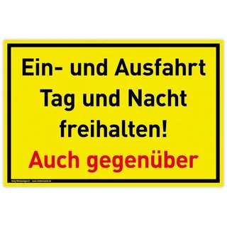 König Werbeanlagen Schild Ein- und Ausfahrt | 30 x 20 cm | Tag und Nacht freihalten Auch gegenüber | gelb | PVC-Schild mit UV-Schutz | Einfahrt freihalten, Ausfahrt