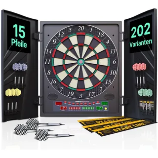 Ultrasport Dartscheibe Elektronisch Profi Set mit Türen für 1-8 Spieler mit 15 Darts, 15 Pro Flights, 100 Pfeilspitzen, 3 Startlinien I Dartautomat