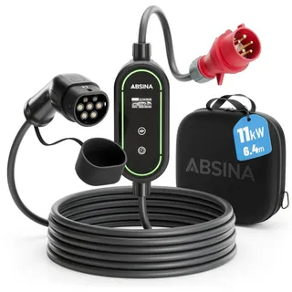 Absina Ladekabel CEE 16A auf Typ 2 mit Einstellbarer Ladeleistung - Mobile Wallbox 11kW 16A 3 phasig IP67 mit 6,4 m Kabel - Elektroauto Wallbox CEE für i3, e-Up, ID.3, ID.4, Zoe, fortwo, Kona UVM