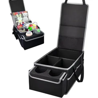 INFINITE Auto-Rücksitz-Organizer, faltbar, Beifahrersitz-Organizer, Auto-Organizer vorne mit Trennwänden und Deckel Schwarz – Schwarz