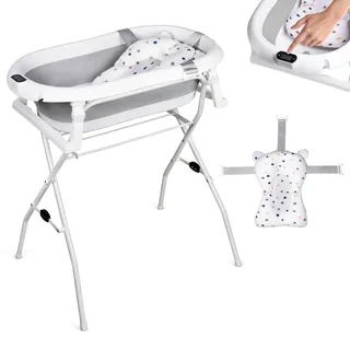 moovkee. Babybadewanne mit Gestell 80cm - Grau Baby Badewanne Faltbar mit Thermometer und Badekissen - Babywanne mit Ständer Sicher für Ihr Neugeborenes