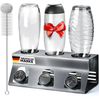 Loco Bird Flaschenhalter für SodaStream aus Edelstahl mit Kantenschutz, (Für, 3-St., Flaschen mit Flaschenbürste und Abtropfmatte), für Soda Stream Crystal, Easy, Fuse, Emil Flaschen