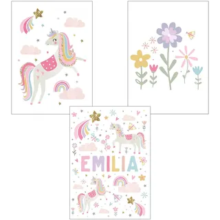 3er Set Poster Regenbogen Wolke Blume Einhorn Tier Kinderzimmer Deko Bilder Set Junge Mädchen Babyzimmer Kinderbilder (Stil 1,21x30cm)