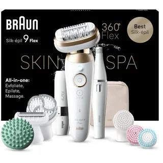 Braun Silk-épil 9 Flex SkinSpa Epilierer Damen, All-in-One Set, Haarentferner für Langanhaltende Haarentfernung, Ladyshaver, Gesichtshaarentferner, Wasserdicht, Made in Germany, 9-681 3D, Weiß/Gold