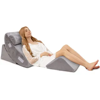 COSTWAY 4-teiliges orthopädische Kissen-Set, Memory-Schaum-Keilkissen mit Abnehmbarer Kopfstütze, bequemes und verstellbares Lesekissen Bettkeilkissen Rückenstützkissen zum Schlafen und Lesen