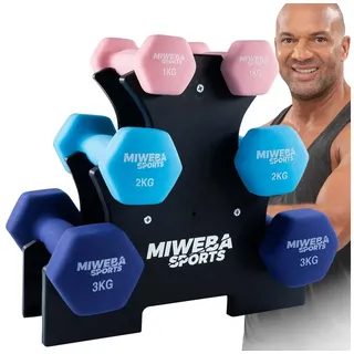 Miweba Sports Hantel-Set Premium Gymnastikhantel-Set NKH120 inkl. Hantelablage, (rutschfest - Fitness Sport Muskelaufbau Training Hantel Set Kurzhantelset Kettlebell Set, 3 Farben, Neopren, Hexagon-Form, 1 kg - 2 kg - 3 kg), Kurzhantel Aerobic Hantel Set Fitnesshanteln Gewichte blau|rosa