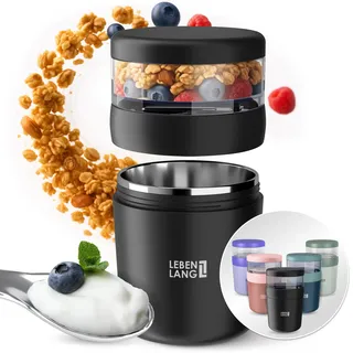 LEBENLANG Müslibecher To Go mit Löffel - Isolierende Edelstahlinnenwand & 650ml I Müsli Becher Go 500ml + 150ml Muesli 2go Becher Müslibecher-2-go Groß Schwarz Joghurt To Go Becher Porridge Crunch Cup