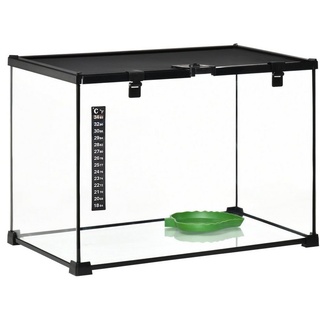 PawHut Terrarium für Reptilien Reptile Fütterungsbox Glasterrarium Amphibien Spinnentiere mit Thermometer schwarz 50B x 30T x 35H cm