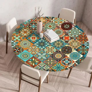 Boho Tischdecke Rund, Outdoor Tischdecke Abwaschbar Rund, Elastisch Gartentischdecke Wetterfest Tablecloth mit Gummizug für Balkon, Garten (Style 3,90cm)