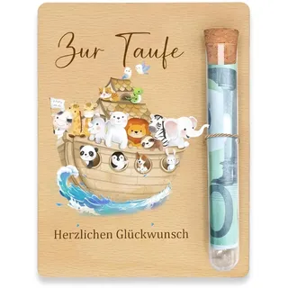 Taufgeschenke für Mädchen Jungen Geldgeschenk, 10 x 13cm Verpackung aus Holz mit Reagenzglas, Liebevolles Taufe Geschenk für Baby, Kreatives Taufgeschenk mit Tiermotiv zur Taufe und Erinnerung