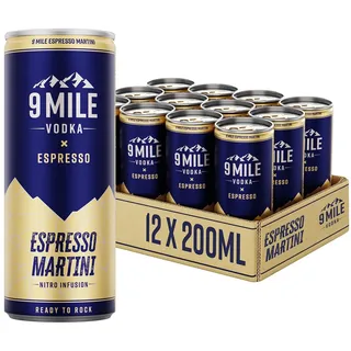 9 MILE Vodka Espresso Martini Premix – 12 x 0,2L Dosen Einweg – 10% Vol. – Ready‐to‐Drink Cocktail mit NITRO-INFUSION, echtem Espresso & 9 MILE Vodka – cremige Schaumkrone, ideal für unterwegs