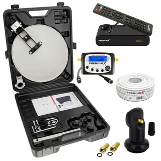 PremiumX Camping SAT Anlage Satellitenschüssel TV Receiver Satelliten-Finder LNB 10m Kabel F-Stecker kompakt im Koffer