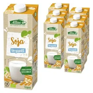 Allos Sojadrink ungesüßt, BIO, ohne Zuckerzusatz, je 1 Liter, 6 Stück