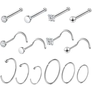 OQKAHIV 14 pcs Nasenpiercing, Nasenstecker Nasenpiercing Set, Nasenpiercing Chirurgenstahl Ringe, Nasenring Silber Dünnschmuck Nasen piercing Stecker Set Frauen Mädchen Männer, Nostril Schmuck Damen