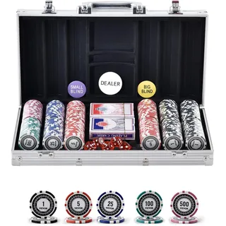 Vevor Kunststoff Pokerchip-Set, 300-teiliges Pokerset, Komplettes Pokerspielset mit Alu-Pokerkoffer, Karten, Knöpfe und Würfel, Komplett Set 7-8 Spieler für Texas Hold'em, Blackjack, Glücksspiel usw.