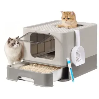 Songmics Katzentoilette Edelstahl 2 Eingänge Hellgrau/Dunkelgrau