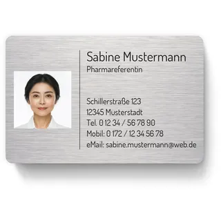 100 Visitenkarten, laminiert, mit eigenem Foto/Logo, inkl. Kartenspender - Design Alu