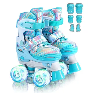 Rollschuhe Kinder Verstellbar Mädchen Rollerskates, Größe 26-37 Mit 6er Kinder Protektoren Set und Led Leuchtenden Rädern für Mädchen