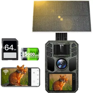 Wildtierkamera 4K Wildkamera 64MP mit Solarpanel, 130°, mit 64G SD Speicherkarte