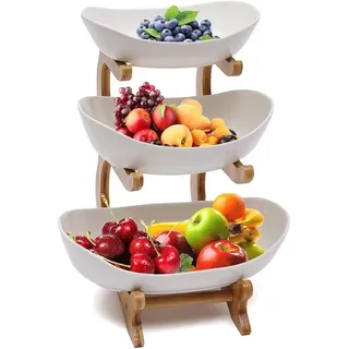 Dreamhigh® Keramik Obst Etagere mit 3 Etagen, Platzsparendes Obstkorb Etagere für die Familie, Stabil Und Ohne zu Zittern, Obstschale Modern mit Natürlichem Bambus Steher, für Gemüse, Obst, Snacks