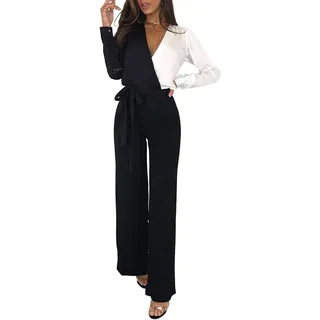 MASHIKOU Overall Damen elegant festlich Asymmetrischer Langarm V-Ausschnitt Belted Lang Breites Bein Hoher Taille Party Hose Jumpsuit Playsuits Herbst Winter (Schwarz Weiß, X-Large) - XL