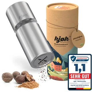 kjøk Premium Muskatnuss Mühle Edelstahl gebürstet Muskatmühle mit Vorratsbehälter Muskat Mühle auch für Tonkabohnen Muskatreibe mit Aufbewahrung für vier Muskatnüsse Muskatnussmühle Gewürzmühle