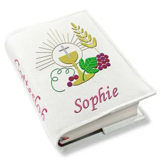 Gotteslob Gotteslobhülle Hülle Kelch Traube Filz mit Namen bestickt Einband Umschlag personalisierte Gesangbuchhülle, Farbe:weiß