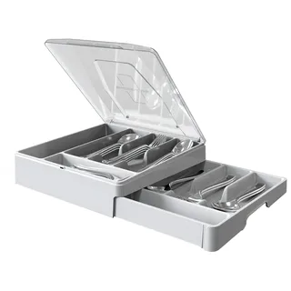 Doppelschichtiger Besteckkasten mit Deckel, Utensilienhalter für Arbeitsplatten-Besteck-Organizer für Küchenschubladen mit 2-stöckigem Besteckkasten und 9 Fächern (Weiß)