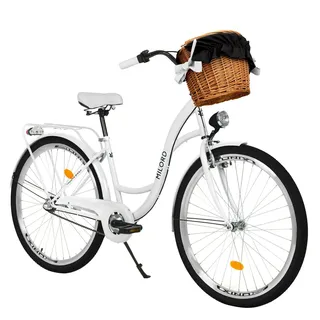 Milord Cityrad Milord City Fahrrad Weidenkorb Damenfahrrad, 28/26 Zoll, Weiß, 3-Gang, 3 Gang, (Fahrradständer, Gepäckträger, Klingel, Korb, Kotflügel), Milord City Fahrrad Weidenkorb Damenfahrrad, 28/26 Zoll, Weiß, 3-Gang weiß