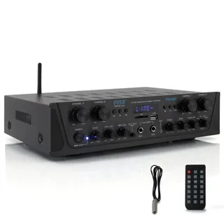Pyle Bluetooth Stereo Verstärker 500 W – 4-Kanal Mini Receiver mit USB, AUX, FM-Radio, Subwoofer RCA & Mikrofoneingang mit Echo Kabelloses Streaming, Für Heimkino, Studio & PA-Anlage