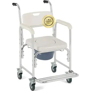 OrtoPrime WC-Duschstuhl mit Rädern und klappbaren Füßen — 3-in-1 — Stuhl mit eingebauter Toilette — tragbarer Toilettenstuhl für ältere Menschen — Duschrollstuhl — Geriatrischer Badezimmerstuhl