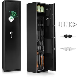 KOMFOTTEU Waffenschrank mit Fingerabdruck, Waffensafe mit digitaler Tastatur, Notfallschlüssel, Tresor, Taschen, Waffentresore für 5 Gewehre, Gewehrschränkchen Langwaffenschrank